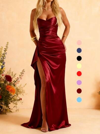 WOWDARK Women's Elegant Ruched Satin Slip Dress With Side Slit, Fashionable & Graceful, Suitable For Christmas, Autumn