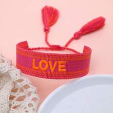 1 pieza Pulsera trenzada con borlas, bordada a mano con carta de amor, estilo bohemio - Rosa Fucsia - Ver 3