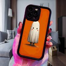 Cubierta de teléfono con diseño de fantasma kawaii, color naranja, estampado de fantasma blanco con ojos grandes y mejillas rosadas, ideal para Halloween y amantes de lo divertido Para la colección de manzanas Galaxy s25 - Negro - Ver 4