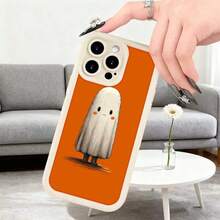 Cubierta de teléfono con diseño de fantasma kawaii, color naranja, estampado de fantasma blanco con ojos grandes y mejillas rosadas, ideal para Halloween y amantes de lo divertido Para la colección de manzanas Galaxy s25 - Negro - Ver 5