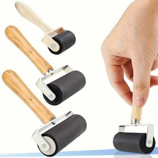 3pcs High Quality Rubber Roller Set With Wooden Handles - Multiple Sizes, For Smooth Painting And Printing, Suitable For Art Creation And Handicraft Projects, Painting Accessories | Wooden Handle Rollers | Smooth Application, Art Supplies
