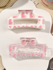 2 piezas Pasadores de pelo cuadrados de combinación con estampado UV de corazones coloridos y graffiti, de material ABS rosa, regalo de pareja para fiesta de té, playa, accesorios de invierno elegantes para el cabello