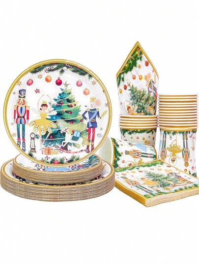 Zestaw 10/20/50 sztuk akcesoriów na imprezę świąteczną z akwarelowym dziadkiem do orzechów, zestaw naczyń stołowych na Boże Narodzenie, zima, jednorazowe naczynia stołowe, serwetka papierowa, talerz, kubek, dekoracje stołowe dla 10 i 20 gości, zimowe świąteczne przyjęcie świąteczne