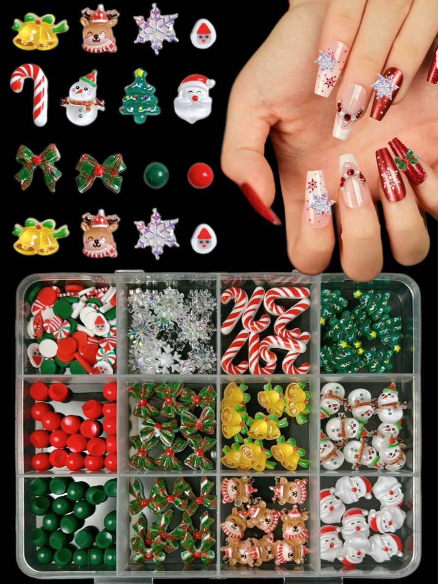 1Box Random Mixed ABS Christmas Nail Charms Cute Santa Claus Snowman Reindeer Christmas Tree Bells Red And Green Bows Suitable For Use At Festival Parties Nail Art Accessories DIY