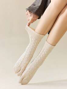 1/3/6 Pairs Women Solid Color Two-Toe Socks, Autumn/Winter Merino Mid-Calf Socks, Women Diamond Grid Toe Socks - Multicolor - View 4