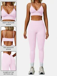 Bộ đồ thể thao nữ MFVIM gồm áo ngực thể thao không đường may, co giãn và quần legging cạp cao, ôm sát, định hình vòng ba, thoáng khí và thoải mái, lý tưởng cho tập luyện, chạy bộ, đạp xe, yoga, pilates và tập gym. - Hồng - Xem 6