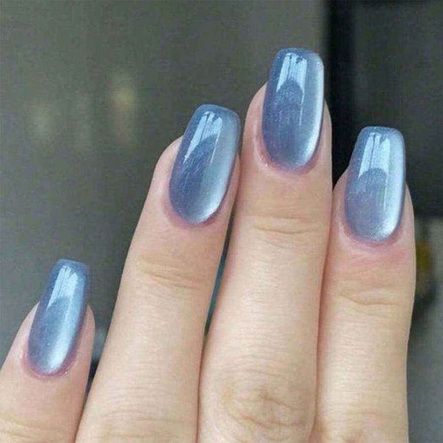 Salon Quality Cat Eye Press On Nails - Blue Glitter False Nails With Jelly Glue, Medium Length Easy Apply Glue On Nails, No UV Lamp Needed For At Home Manicure, 24 Pcs False Nails For Women Girls Hollween Homemade Press On Nails Handmade Nails Press On Nails - 寶藍色 - 查看 1