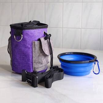 二合一狗狗零食袋，带可折叠碗和可调节腰带，侧袋，可装垃圾袋，腰包