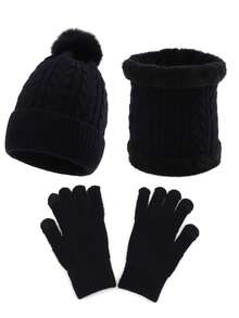 Bộ 3 món bằng vải nỉ acrylic màu trơn, kiểu dáng thường ngày: Mũ len có quả bông + Khăn quàng cổ giữ ấm + Găng tay cảm ứng, nhiều màu sắc để lựa chọn, ấm áp và đa năng cho mùa thu/đông, thích hợp làm quà tặng Valentine. - Nhiều màu - Xem 3