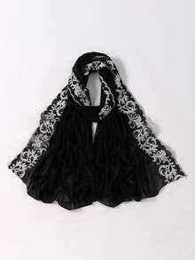 1件女士刺绣蕾丝拼接雪纺头巾，适合节日、派对和外出活动。 - 黑色 - 查看 10