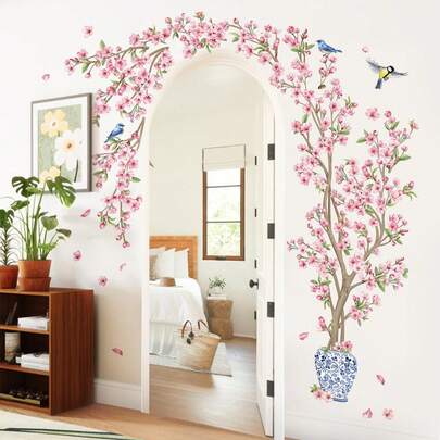 1 طقم ملصقات جدارية بتصميم أزهار الكرز الوردية الخيالية، ملصقات جدارية بتصميم إناء الزهور والنباتات، للغرفة النوم وغرفة المعيشة وديكور المنزل