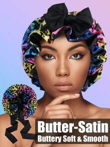 1 pieza Gorro reversible de satén forrado para mujer, gorro para dormir de unicolor suave y transpirable con estampado de leopardo de doble capa, para el cuidado del cabello, uso cómodo para todos los días