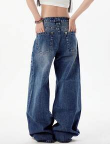 Womens Rivet Wide Leg Jeans Low Rise Baggy Jeans Straight Denim Pants Fall - Xanh đậm - Xem 4