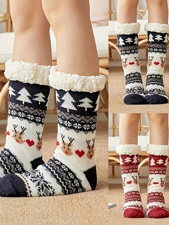 1 Pair Women's Thick Thermal Lined Socks, Comfortable European & American Style Christmas Snow Socks, Autumn/Winter