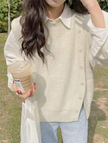 女士圆领开衩下摆套头针织毛衣背心，适合新年和情人节穿着 - 杏色 - 查看 3