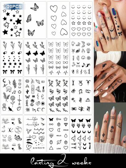 CAT QUEEN ART 20张混合图案临时纹身贴纸套装，半永久性手指纹身贴纸 - 简约Y2K细线蝴蝶、花朵、爱心、星星、月亮、水钻设计，适合音乐节、情人节、狂欢节、DIY派对礼物，1-2周防水防褪色天然植物基假纹身贴纸