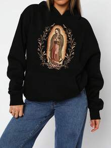 Our Lady Of Guadalupe Virgin Mary Hoodie, Mother Hoodie, Latina Hoodie Gift For Catholic Mom, Vintage 90s Y2K - Soft, Breathable Crew Neck, Lightweight & Comfortable Casual Summer Wear, Women's Tops, White - Black - Hoodie - 查看 3