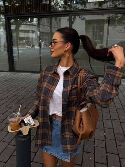 Women's Plaid Long Sleeve Button Front Drop Shoulder Blouse, Woven Fabric With Waist Tie, Collar And Pockets