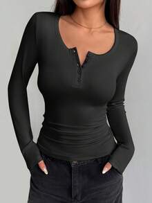 Women's Spring  Fall Long Sleeve Henley T Shirts Button Ribbed Knit Slim Fit Basic Tops Blouse Casual Outfits Valentine's Day Vacation Outfit Women - màu đen - Xem 3