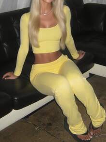 WOWDARK Women's Fashion Square Neck Fitted Casual Cropped Top And Long Pants Set, Autumn