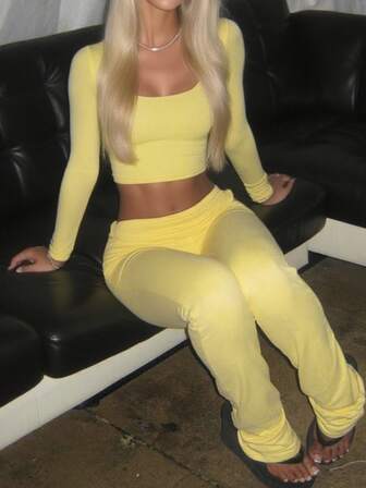 WOWDARK Women's Fashion Square Neck Fitted Casual Cropped Top And Long Pants Set, Autumn