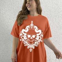 T Shirt Estampada Caveira Halloween Básica Leve Camiseta Oversized Verão Life Style Versátil Casual Aesthetic - Coral - Visão 17