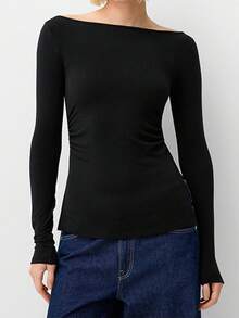 Women's Boat Neck Tops Fall Fashionable Solid Color Long Sleeve Slim Fit Slit Shirts - 黑色 - 查看 1