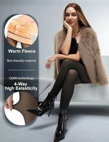 Fleece Lined Sheer Warm Pantyhose Leggings Translucent Thermal Winter Thick Tights Dresses, Women's Style 5FUO - 黑色褲襪 - 查看 2