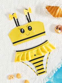Young Girl Cute Bee Stripe Bikini Set - Yellow - View 1