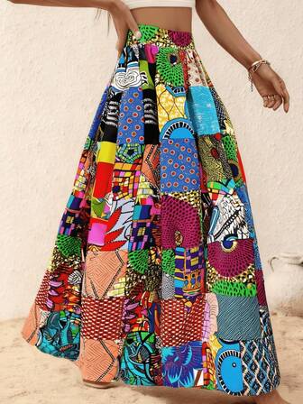 非洲女式长款波西米亚风拼接裙休闲无弹力长裙彩色印花风格