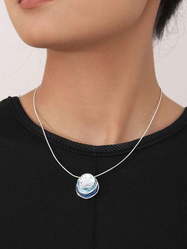 1pc Bohemian Elegant Minimalist Casual Lake Blue Enamel Zinc Alloy 3-Layer Round Pendant Necklace, Suitable For Women's Daily Wear, Banquet, Party, Gift