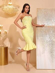 New Luxury High-End Metallic Embroidered Handmade Nail Art Beaded Sexy Strapless Patchwork Ruffle Midi Dress, Bridesmaid Formal Gown For Wedding, Birthday Party - Yellow - View 5