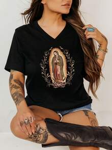 Our Lady Of Guadalupe Virgin Mary V-Neck Shirt, Mother V-Neck TShirt, Latina V-Neck TShirt Gift For Catholic Mom, Vintage 90s Y2K Tee - Soft, Breathable Crew Neck Tee, Lightweight & Comfortable Casual Summer Wear, Women's Tops, White - Black - V-neck - View 1