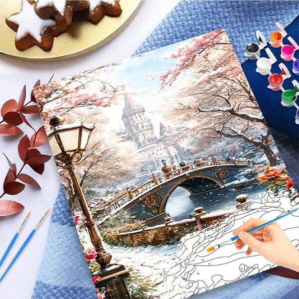 1 pieza Kit de Pintura por Números DIY para Adultos, Lienzo de 15.75x19.69 pulgadas, Escenario de Puente Nevado, Juego de Pintura Acrílica y de Aceite Fácil, Manualidades para Decoración de Pared del Hogar, Ideal para Cumpleaños, Día del Padre, Navidad, Día de la Madre, Actividad Familiar, Sin Marco