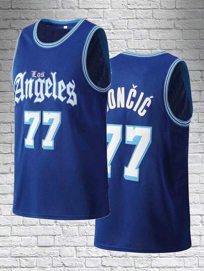 Atonmore 男子篮球球衣，#77 蓝色，刺绣缝制篮球背心，无袖运动衫