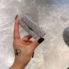 1Pc Shiny Rhinestone Crystal Portable Lipstick Case,Rhinestone Lipstick Case With Mirror,Bling Crystal Lipstick Case Diamonds Makeup Cosmetic Storage Box Holder For Purse( Silvery Color),Cute Makeup Storage - Silver - View 3