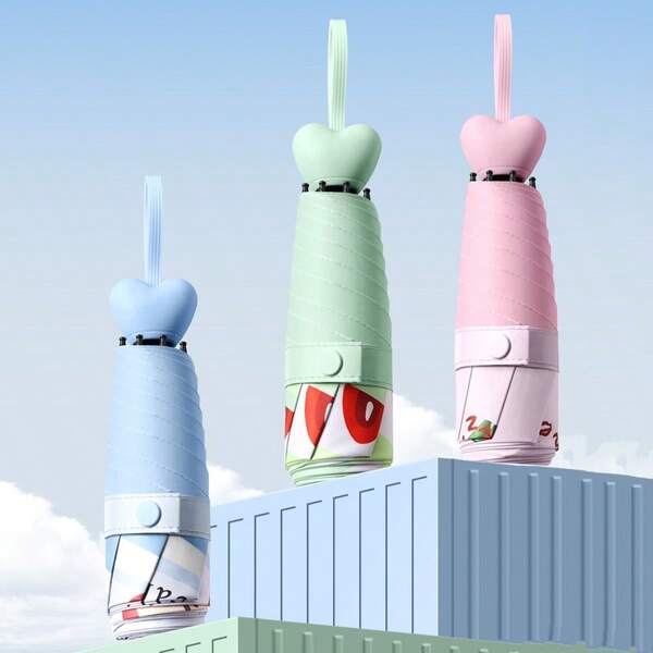 1 umbrelă pliabilă portabilă, mică și drăguță, cu 5 plieri, în formă de fructe, protecție solară UPF50+, mâner în formă de inimă, impermeabilă și anti-UV, umbrelă tip capsulă, mini umbrelă de soare și ploaie