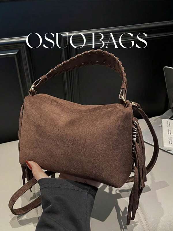 1pc Mini Suede Reversible Crossbody Bag, Square Shape, Minimalist Design, Tassels, Versatile For Commuting And Casual Street Style, Suitable For Shopping