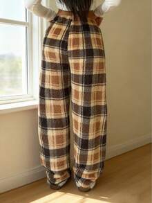 Modische Damen Vintage-Karo Thermofutter Hohe Taille Lockere Weite Beine Verdickt Bequeme Warme Lässige Loungewear Hose für Herbst/Winter - Verschiedenfarbig - Übersicht 5