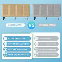 Sideboard 140x39.5x80 Cm With Echtem Rattangeflecht, 4 Türen - Yellow - View 4