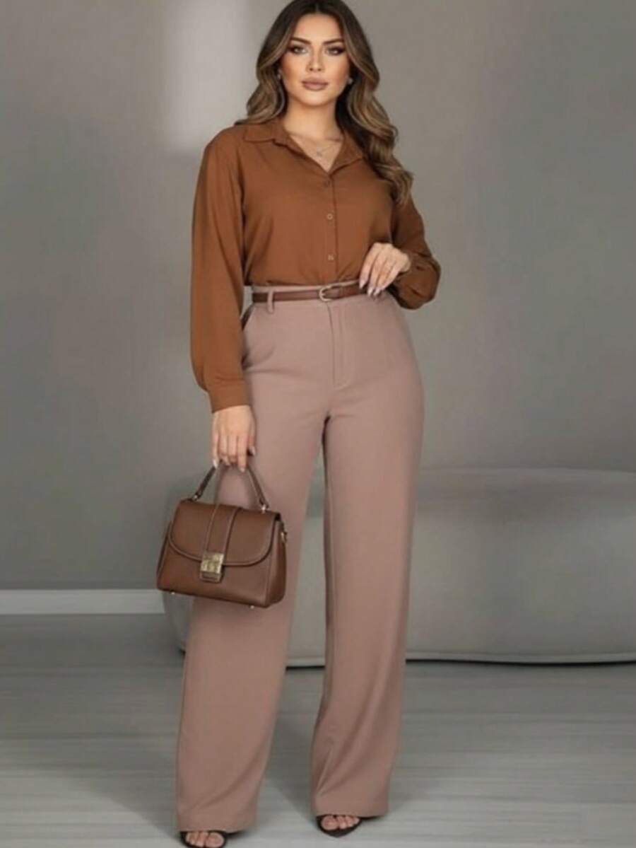 Women's Wide Leg Tailored Style Pantaloons With High Waist, Simple Zipper, Pocket, PP To GG, Office, Formal Night And Nighttime, Modern Winter, Premium Sensory Fabric - 深米色 - 查看 1