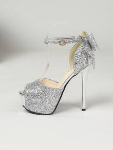 Zapatos de tacón alto con decoración de lazo y lentejuelas con punta abierta para mujeres, calzado elegante para fiestas y banquetes con correa y hebilla en la parte trasera, adecuado para todas las estaciones