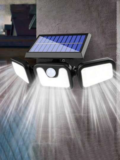 Luminária de parede externa com 74 LEDs alimentada por energia solar, luminária de parede com sensor de movimento de 3 cabeças, iluminação de ângulo amplo de 270°, 3 modos, adequada para iluminação de jardim, quintal, rua, garagem, pátio, varanda, luminária de parede com 74 LEDs alimentada por energia solar