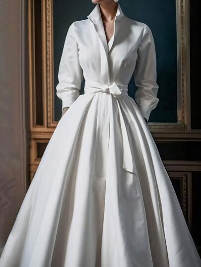 Vestido blanco con cuello y cintura anudada, vestido elegante y encantador de longitud media para mujeres, adecuado para bodas, cumpleaños, fiestas, citas, Navidad, Año Nuevo, Acción de Gracias