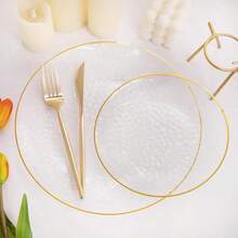 60Pcs Clear Plastic PlatesClear Disposable Plates With Gold Rim Heavy-Duty Gold Plates Hammered Party Plates Include 30Clear Dessert-Platos 30Dinner-Platos For Wedding Party - ClearGold - Xem 6