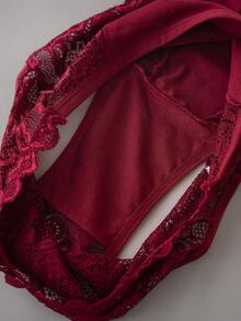 4条装优雅纯色内裤蕾丝边三角裤女士内衣套装圣诞节 - 酒紅色 - 查看 3