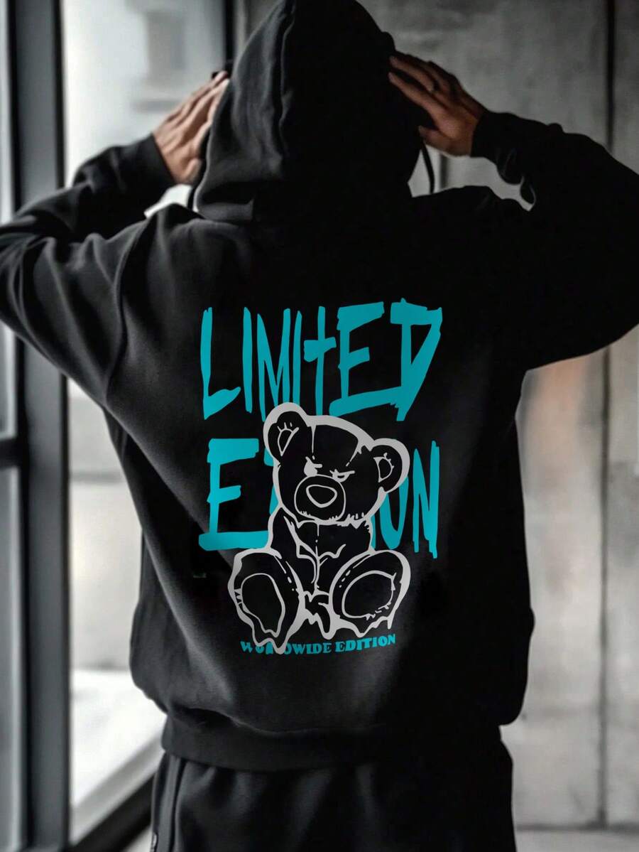 男士休闲时尚百搭街头字母卡通熊印花袋鼠口袋抽绳连帽衫，秋冬款 - 黑色 - 查看 1