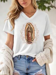 Our Lady Of Guadalupe Virgin Mary V-Neck Shirt, Mother V-Neck TShirt, Latina V-Neck TShirt Gift For Catholic Mom, Vintage 90s Y2K Tee - Soft, Breathable Crew Neck Tee, Lightweight & Comfortable Casual Summer Wear, Women's Tops, White - White - V-neck - 查看 3