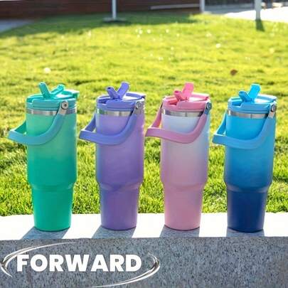 30oz Vaso aislado al vacío de acero inoxidable con asa - a prueba de fugas, diseño térmico de doble pared para bebidas calientes y frías, perfectamente adecuado para uso en automóvil, hogar, oficina y viajes. Color degradado, idea de regalo de Navidad, recipiente para bebidas en el hogar, vajilla moderna, aislamiento de alta calidad, construcción duradera, taza a prueba de fugas, para entusiastas del aire libre