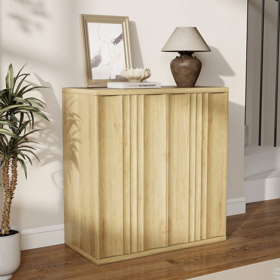 HWB 31.5" Buffet Cabinet With Storage For Living Room, Fluted Sideboard With Adjustable Shelves & Press-Spring Doors, Modern Coffee Bar Cabinet For Entryway & Kitchen, Natural - 木頭 - 查看 1